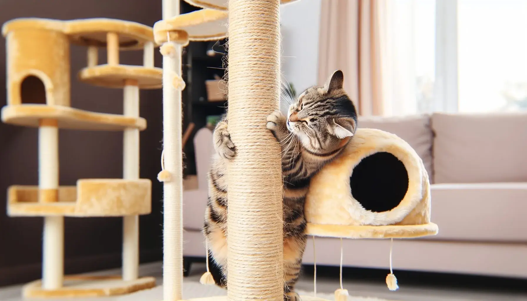 Essential toys for cat's physical health including scratch-friendly finds and climbing trees