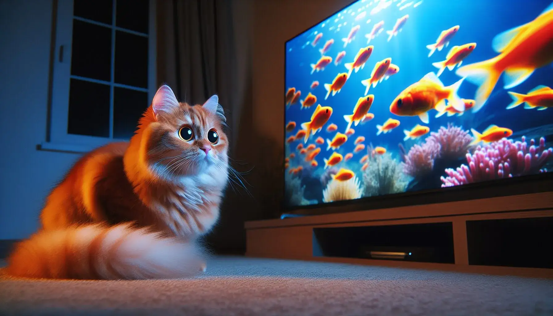 An illustration of a cat with dilated pupils watching TV