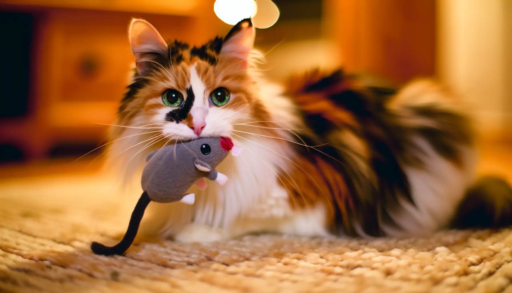 Cat meowing with toy in mouth