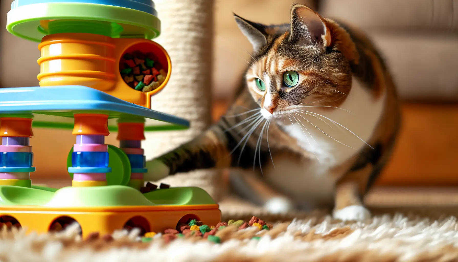 Indoor cat engaging with puzzle feeder